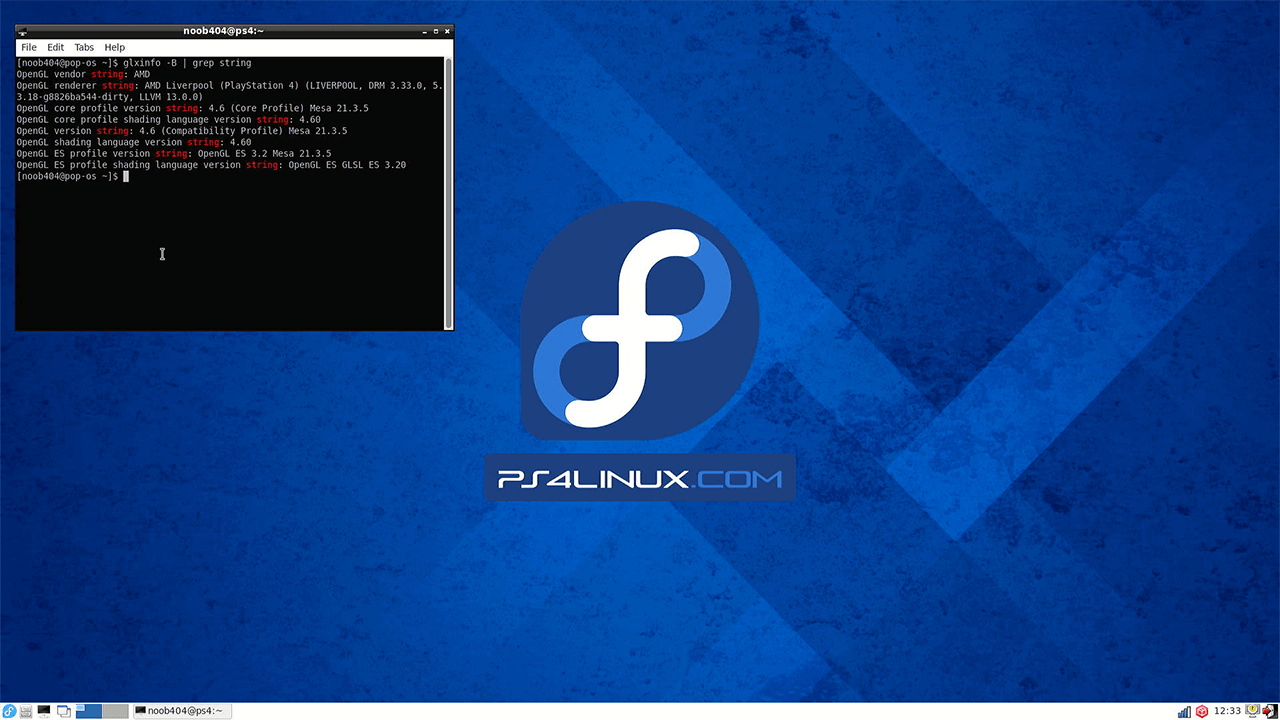 glcinfo output on Fedora 35 running on PS4