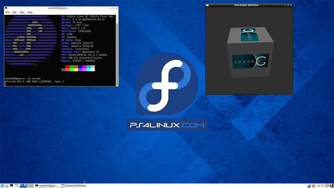 Neofetch and VKCube output on Fedora 35 on PS4