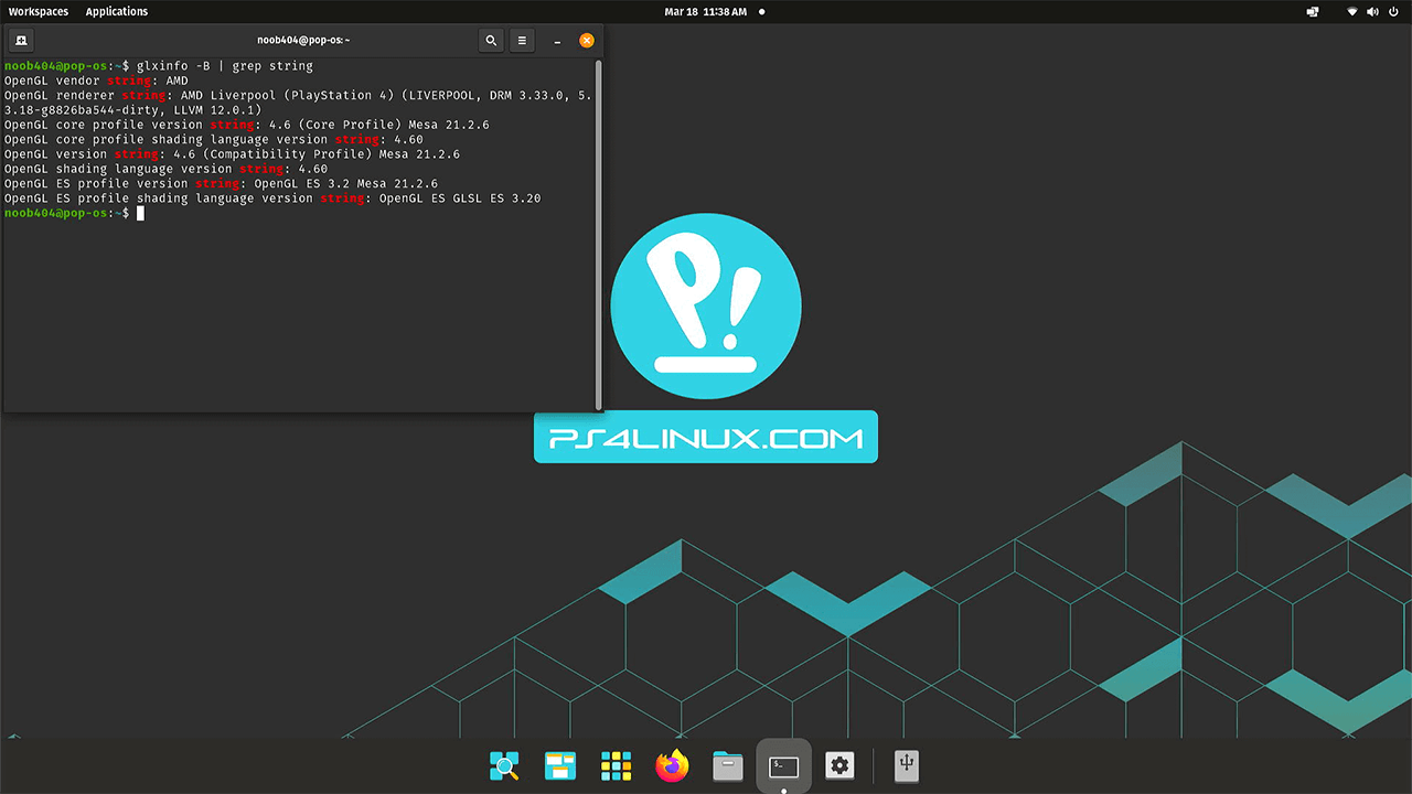 glxinfo output on PS4 running Pop OS