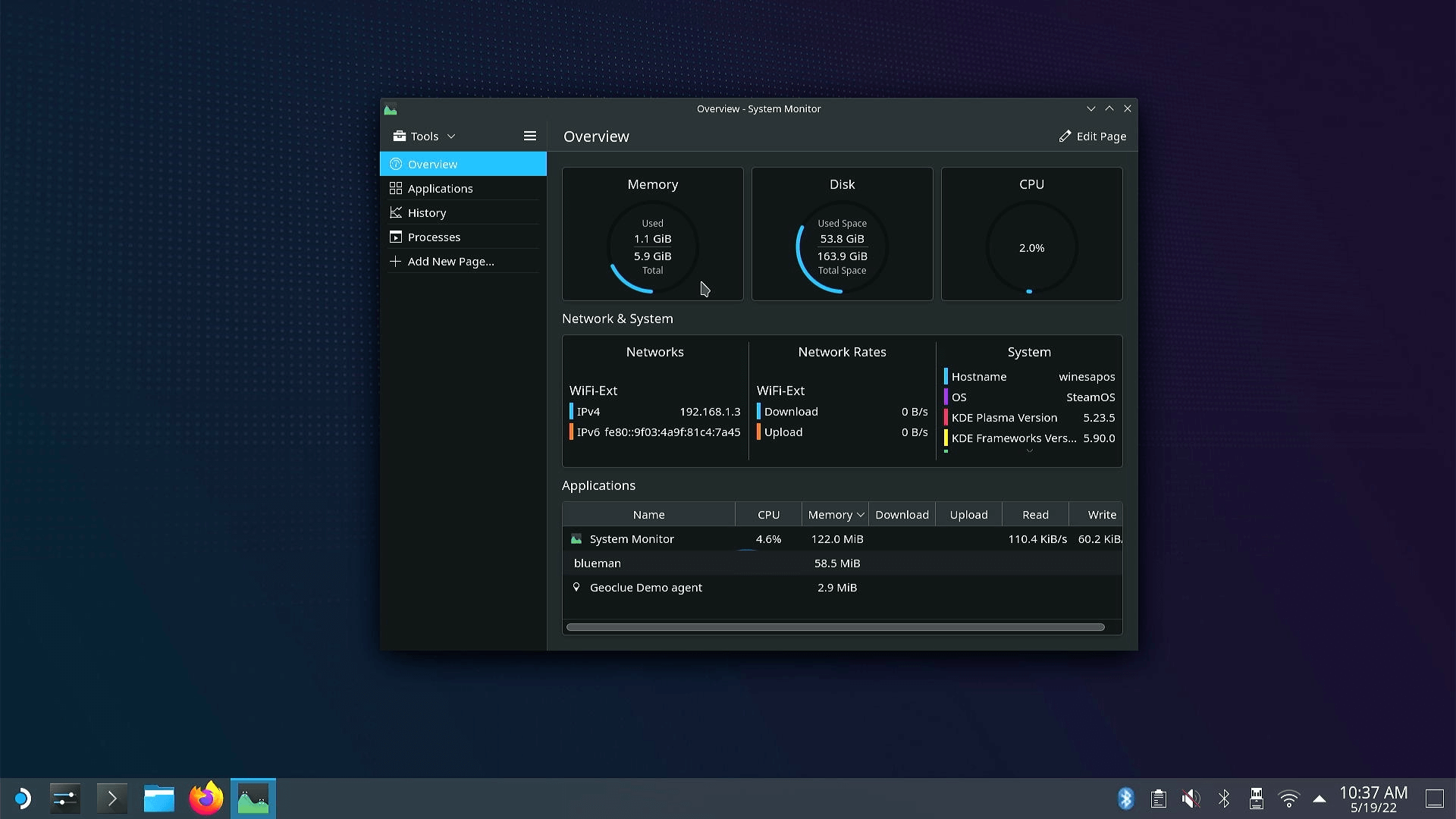 System Monitor on WinesapOS for PS4, showing system usage when idle