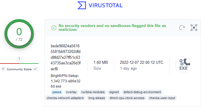 Bright VPN Windows exe has 0 malicious detection on Virustotal