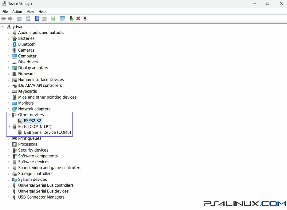 ESP32-S2 shows up on Device Manager with a warning sign, but a COM port for the board is successfully added
