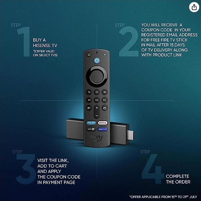 Free Fire TV Stick 4K Max offer on Hisense E7K Pro taken directly from Amazon Product page on 15th July, 2023